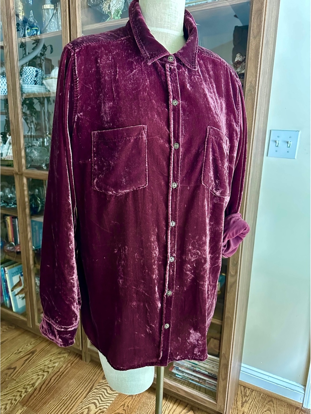 Vintage Sonoma Pilcro Relaxed Burgundy Velvet Buttondown Shirt Size XL